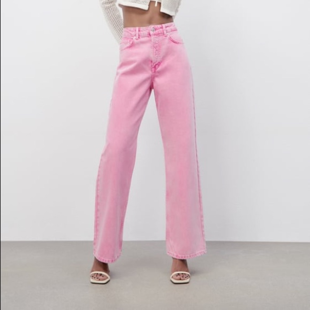 ZARA WIDE LEG LONG LENGTH JEANS PINK US 2